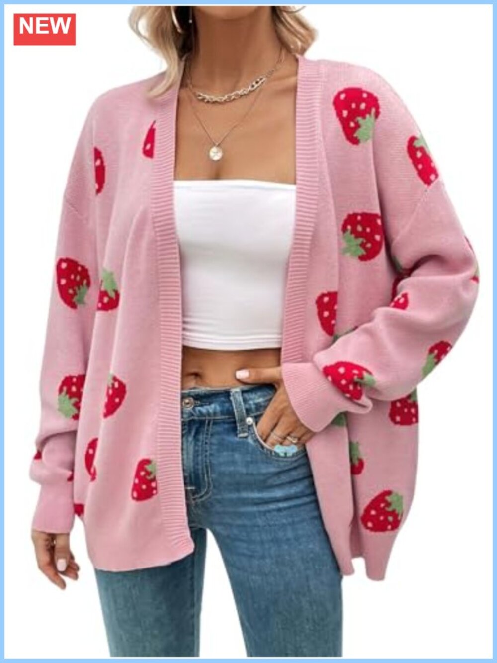 Women's Strawberry Print Open Front Knit Cardigan Long Sleeve Loose Slouchy